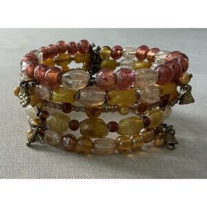 Vintage Boho Glass Bead Wrap Bracelet Amber Honey Pink Multi‎ Strand Charms